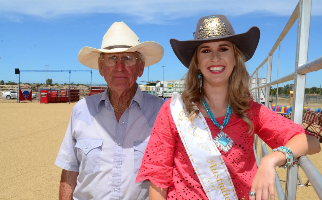 COMMON INTEREST: Rodeo stock contractor John "Happy" Gill and the Australia Professional Rodeo Association's Miss Rodeo Australia Emma Deicke catch up. Picture: Nikki Reynolds 