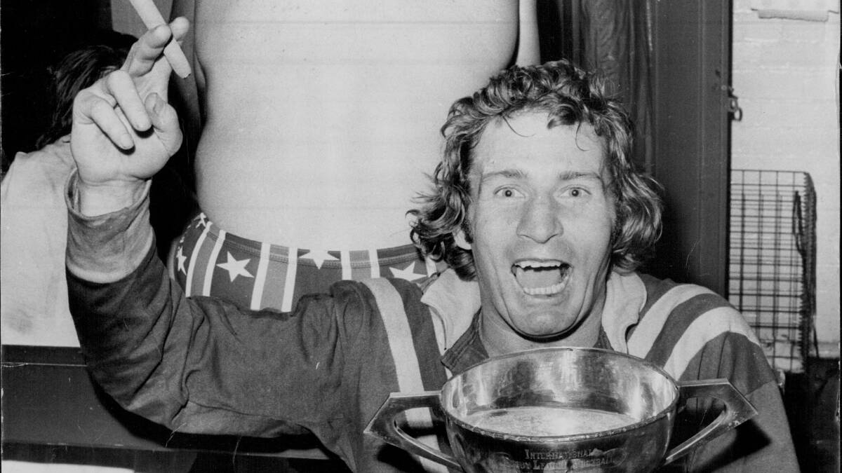 Graeme Langlands in the dressing room after leading Australia to their 22-18 win in the third Rugby League Test at the SCG in 1974. Photo: John O'Gready
