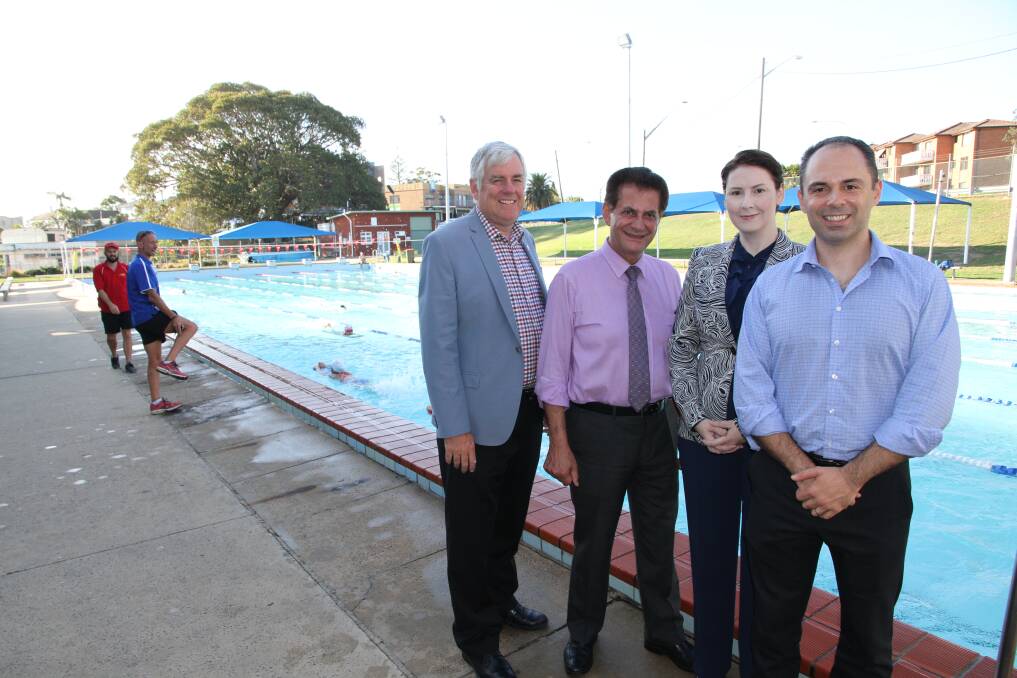 Taking the plunge: from left, Georges River Council mayor Kevin Greene with Kogarah Bay Ward Councillors Nick Katris, Leesha Payor and Stephen Agius at the soon to be refurbished Sans Souci pool.

 