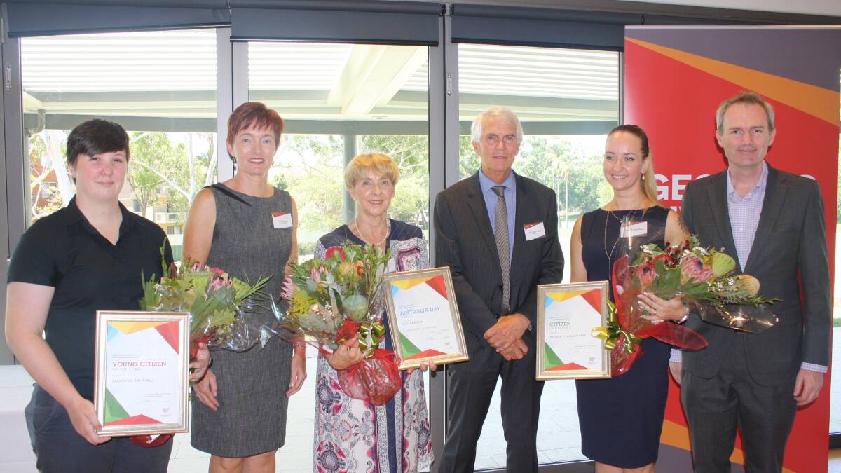 Proud citizens: left to right, The 2017 Georges River Council Young Citizen of the Year Samantha Cantwell, Georges River Council general manager Gail Connolly, Volunteer of the Year Jean Harrow, Georges River Council administrator John Rayner, Citizen of the Year Natalia Esdaile Watts and Federal Member for Banks, David Coleman MP.