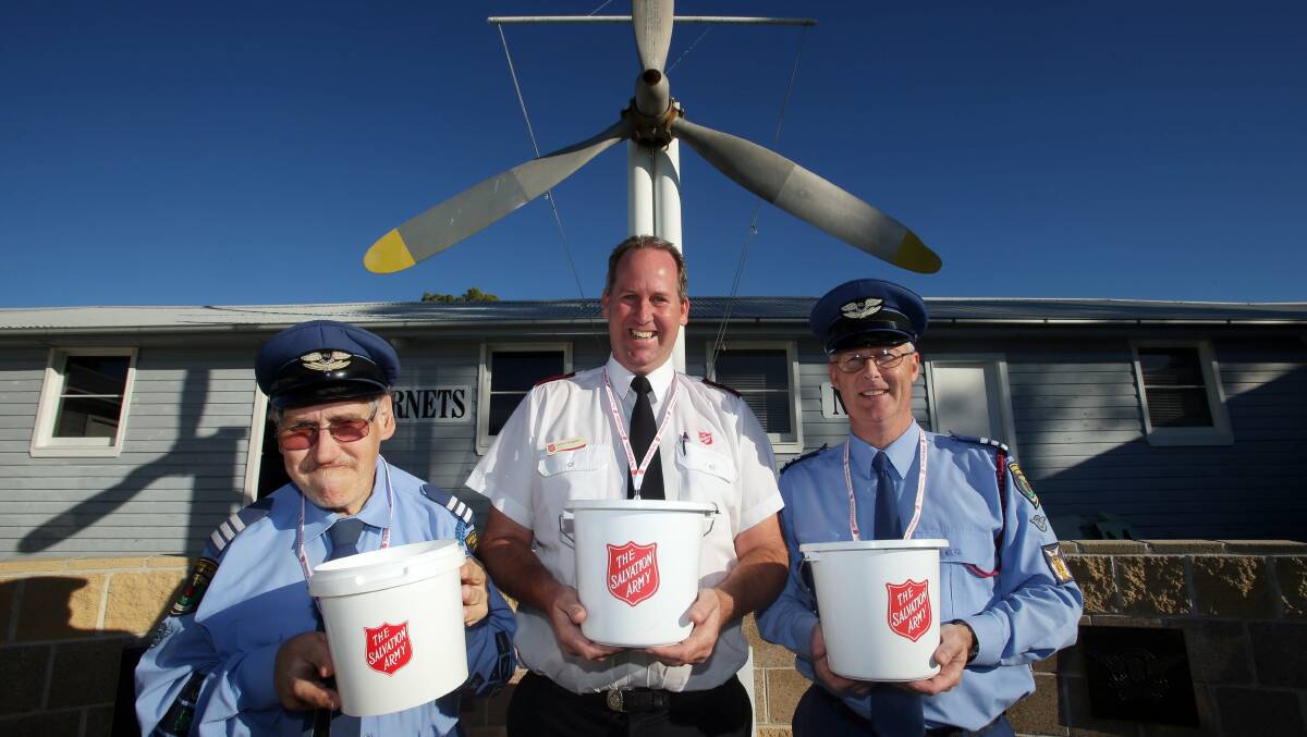 Aiming high: Members of the Australian Air League Riverwood Squadron will volunteering for the Salvos Red Shield Appeal doorknock this weekend. (left to right) Air Squadron second in charge Robert Devitt, Salvos Captain Darren Kingston and Squadron commanding officer Chris Bailey. Picture Chris Lane