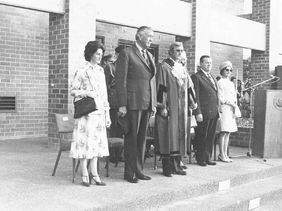 Historic moment: Governor of NSW Sir Roden Cutler (centre) standing with Michael Tynan at the opening ceremony of Sutherland Entertainment Centre in 1976.