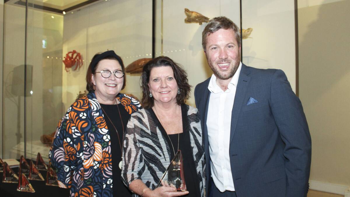 Top honours: left to right, Jennifer Barrett, President, Museum and Galleries of NSW; Belinda Hanrahan, Director, Hazelhurst Regional Gallery and Arts Centre; and Craig Limkin, Executive Director, Cultural Infrastructure Program Office.