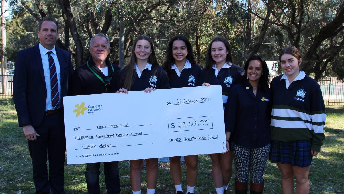 Generous support: from left, Shire Relay co-chairs Luke Barbuto and Rod Coy with Cronulla High students and Cancer Council NSW's Rashmi Naran.