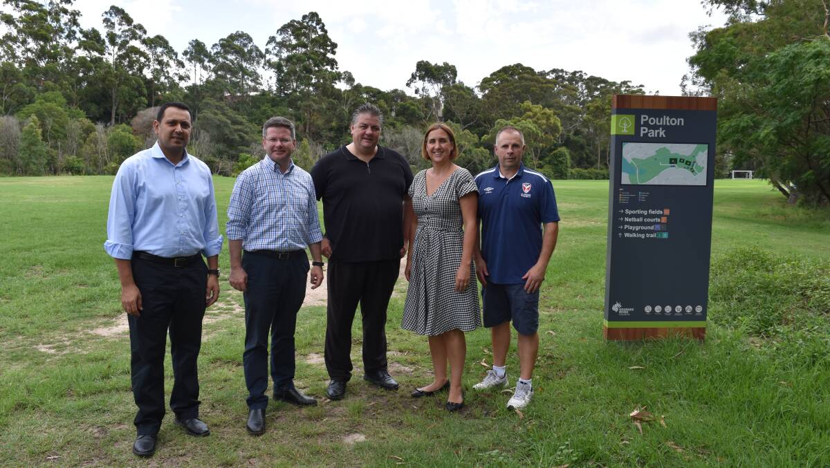 Smooth moves: from left, Georges River councillor Sam Elmir, Oatley MP Mark Coure, Connells Point Rovers FC president Stephen Matthews, Councillor Sandy Grekas and St George Football Association president Tony Karahalias at Poulton Park