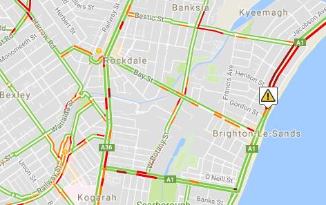 A map of where the accident occurred at Brighton-Le-Sands on Tuesday afternoon. Picture: Live Traffic NSW