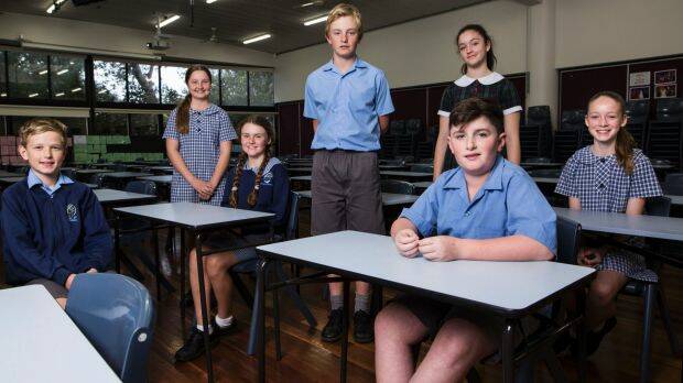 Students Taj Beesley, Amy O'Connor, Kelsea Halfpenny, Koby Hedges, Blake Bilderbeck, Scarlett Ianni and Isabelle De Gioia sat the first Catholic schools selective test. Picture: Dominic Lorrimer