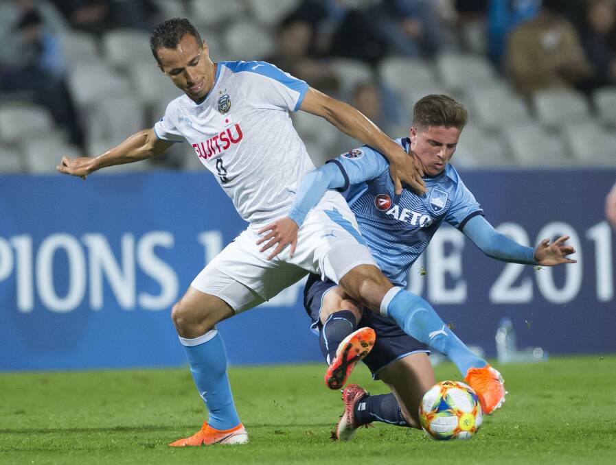 Cameron Devlin (right) in action for Sydney FC against Kawasaki at Jubilee Stadium on Tuesday night. Picture: AAP