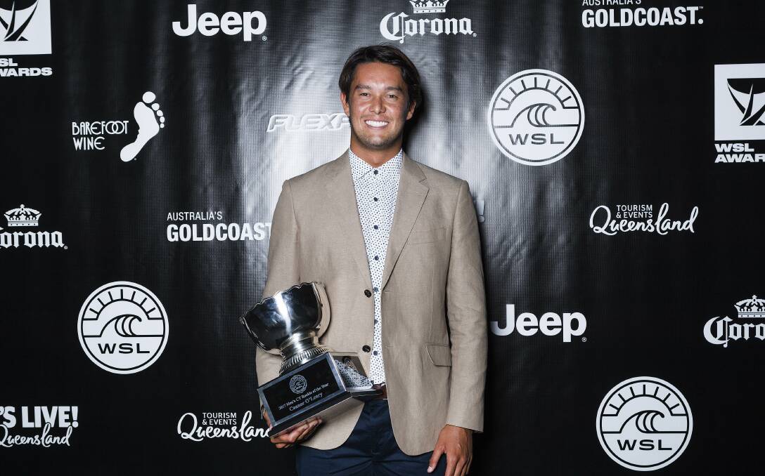 Suits up: Cronulla's WSL rookie of the year Connor O'Leary celebrates his title at the WSL Awards gala dinner last week. Picture: WSL/Cestari