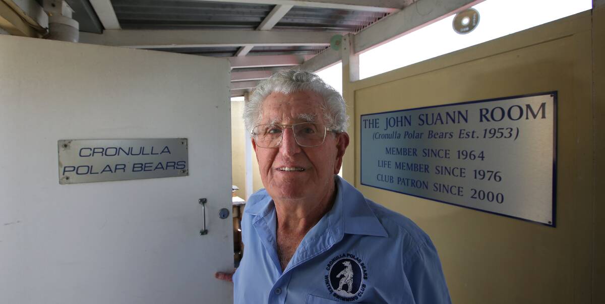 The Big Bear: A Cronulla Polar Bear member since 1964,life member since 1976 and current club patron, John Suann is honored to have the Cronulla Polar Bears club room named after him. Picture: John Veage