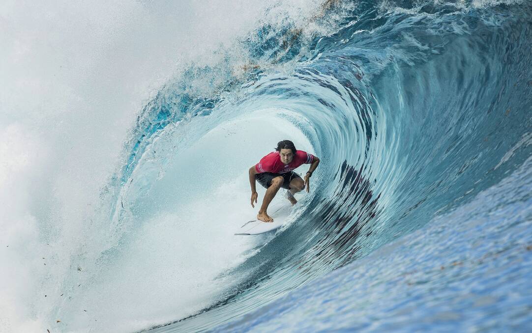 Focused: Connor O’Leary is 10th on the Jeep Leaderboard after advancing to round five of the Billabong Pro Tahiti at Teahupo’o, finishing equal ninth. Picture: WSL/Poullenot 