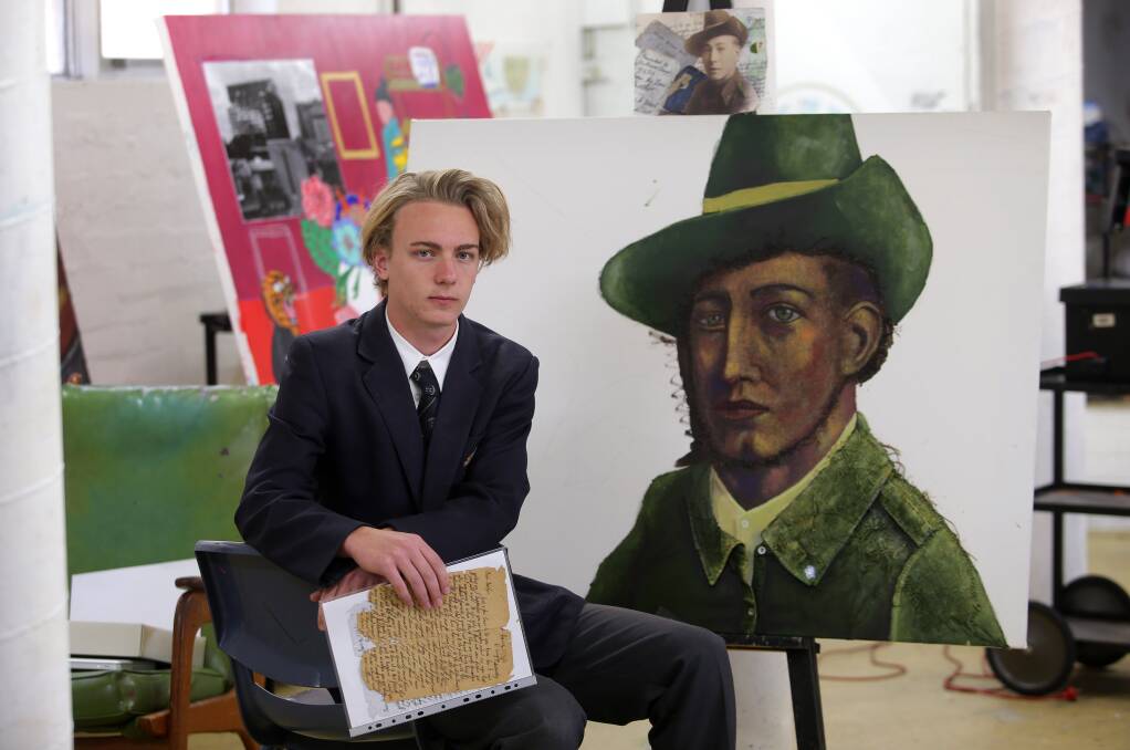 Respect: De La Salle Cronulla student Matthew Claridge at school with his homage to his great, great uncle William Dingley jnr. Picture John Veage