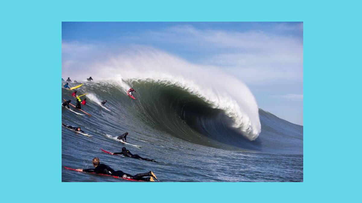 Peter Mel dropping in on a massive wave at the famed Mavericks big wave break in Northern California.Picture © WSL / Fred Pompermayer