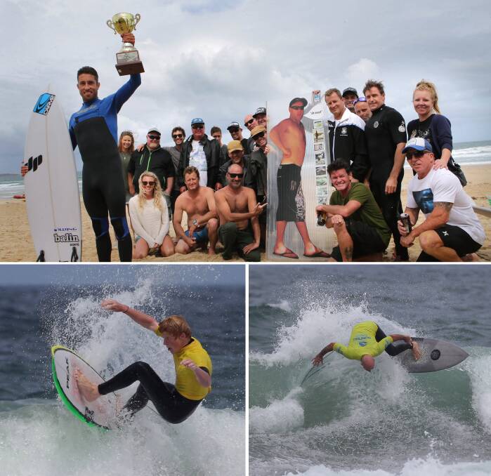 'Nugget' contest: (Top) Jordan Widenstrom with the Cronulla Boardriders Nugget Trophy. (Below left) under-16s winner Fin Padman and five-time Cronulla Boardriders champ and runner-up Simon Taylor. Pictures: John Veage