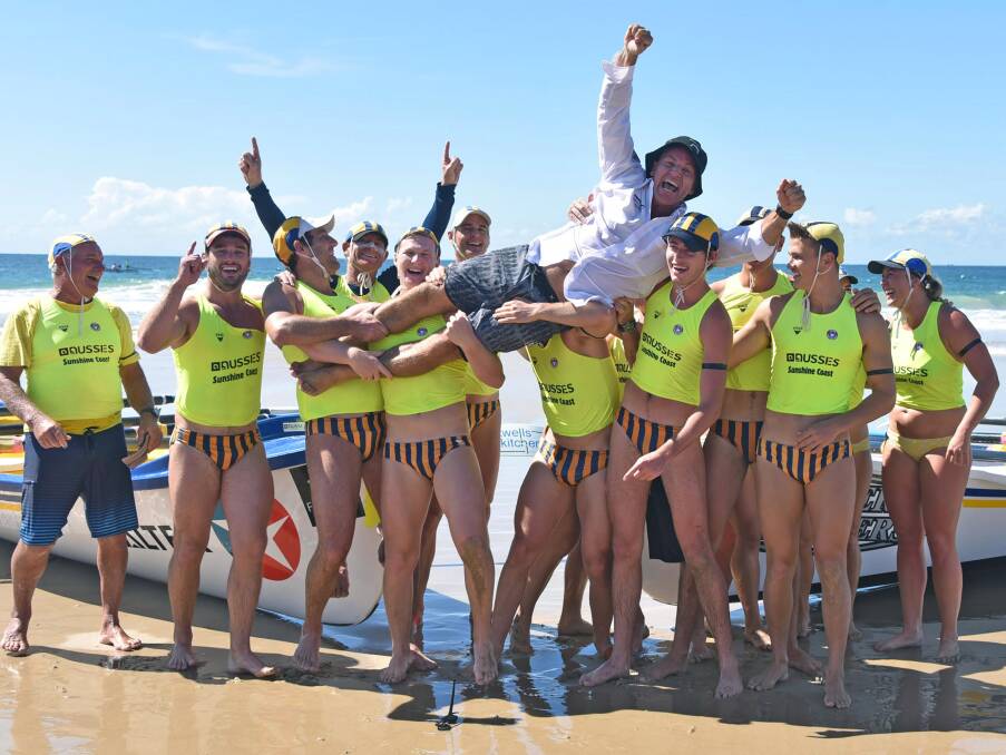 This one's for Brian: The North Cronulla boaties team celebrates its gold medal win in the surf boat teams event at the 2016 Aussies. Picture: Harvix.com