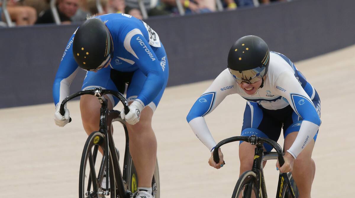 Same as last year: Kaarle McCulloch wins the women's keirin at the Australian Track Cycling titles. Picture: John Veage