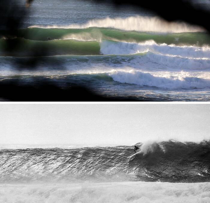 Lining up: (Top) Waves wrap into Cronulla Point during a recent 2016 big south swell. (Below) The iconic shot of Gary Birdsall taking on the Point in 1962. Pictures: John Veage and Bob Weeks