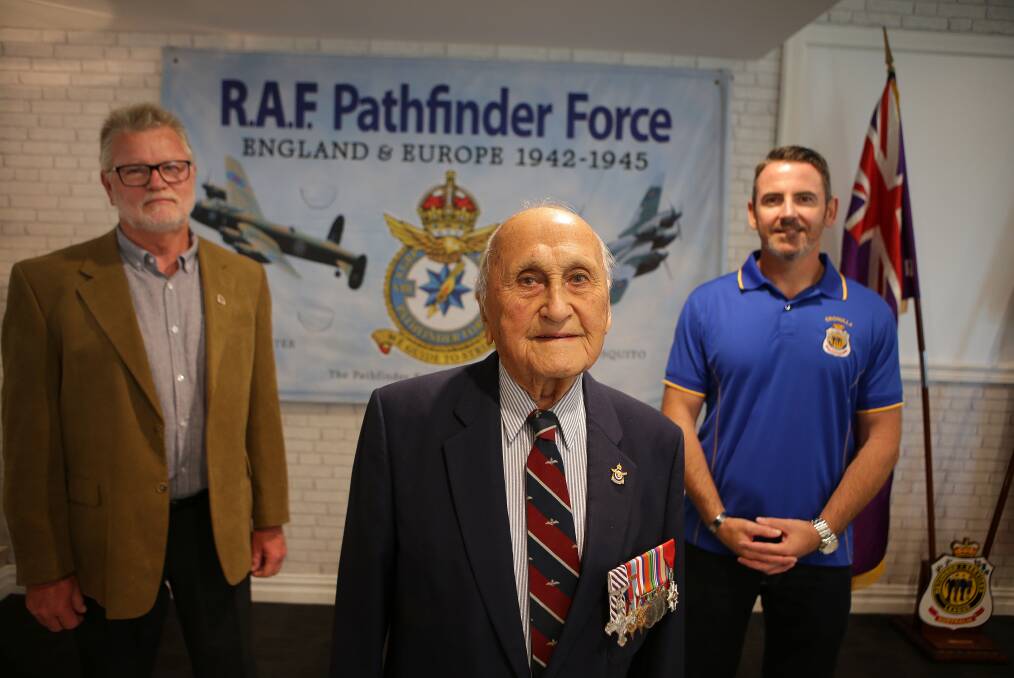 Survivor: Eric Barton (front) with Jeff McClenahan and Corey Rinaldi. Mr Barton is the last member of the Pathfinders association and is donating their banner to the RSL Sub Branch. Picture: John Veage