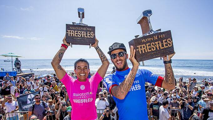 Brazil's Silvana Lima and Filipe Toledo have won the Swatch Pro and Hurley Pro at Trestles. Picture © WSL / Morris