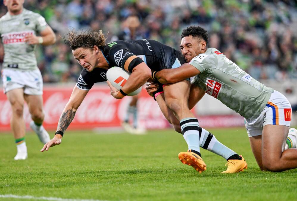 Cronulla's Nicho Hynes soared back into top spot on the Dally M leaderboard after a masterful showing for the Sharks at Canberra. Picture NRL Images/Neamy
