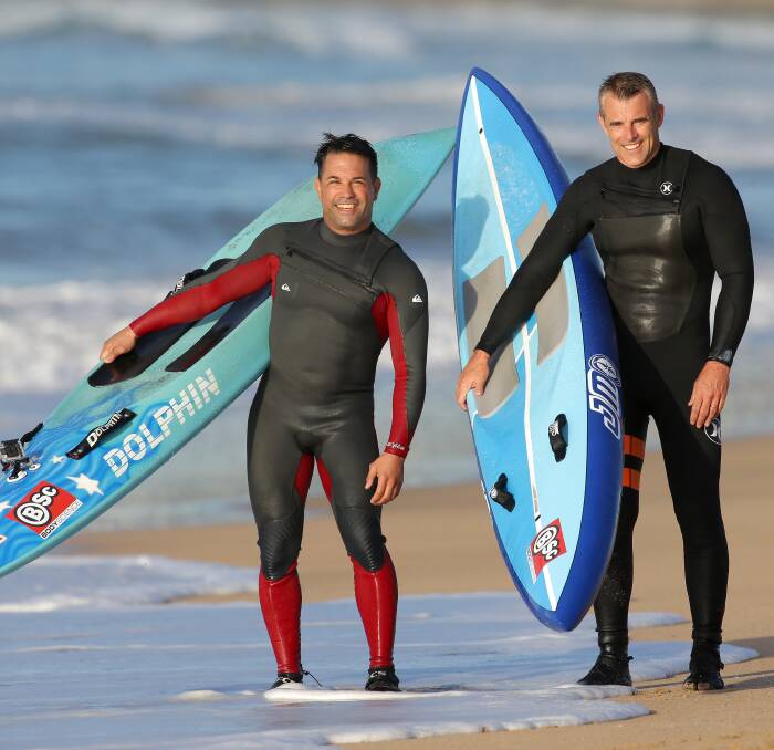 Challenge: Former Hawaiian pro surfer John Shimooka (left) and Cronulla Sharks board member Paul O'Neile will take on the 20th annual Molokai-2-Oahu Paddleboard World Championships later this month. Picture: John Veage