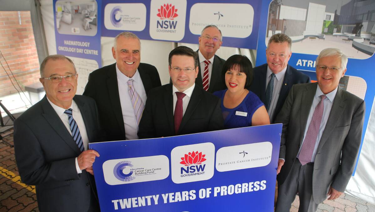 Cancer Care: Warren O'Rourke (chairman Cancer Care Centre Building Fund),
Rob Robson (deputy chairman Cancer Care Centre Building Fund) Mark Coure (Oatley MP), Health Minister Brad Hazzard, Rebecca Tyson (acting general manager St George Hospital), Phill Bates public officer and Michael Still (chairman Area Health). Picture: John Veage