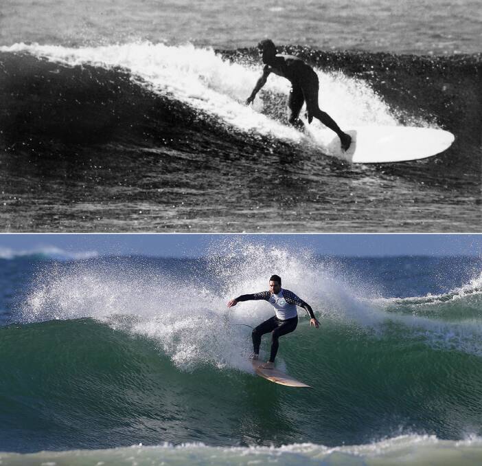 Golden years: (Above) Robert "Legs" Halliwell worked and surfed at Jackson Surfboards in the early '60s. (Below) Last year's open winner Dane Randell at the North Cronulla Alley. Picture: John Veage