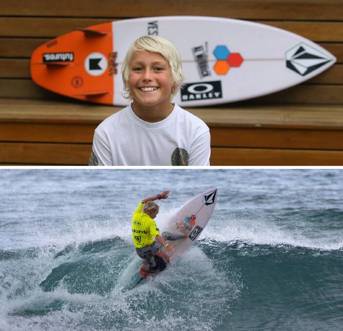 Top grom: (Above) South Cronulla's Jarvis Earle all smiles at home. (Below) Jarvis in action in the final of the under-14s Skullcandy Oz Grom Open at Lennox Head. Pictures: John Veage, Ethan Smith/Surfing NSW