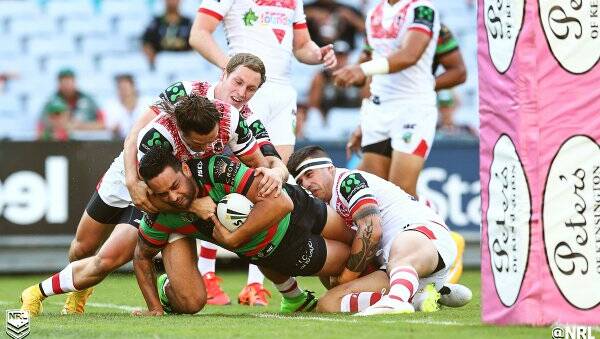 Try time: South Sydney five-eighth John Sutton opens the scoring in the Charity Shield against St George Illawarra. Picture: NRL.com