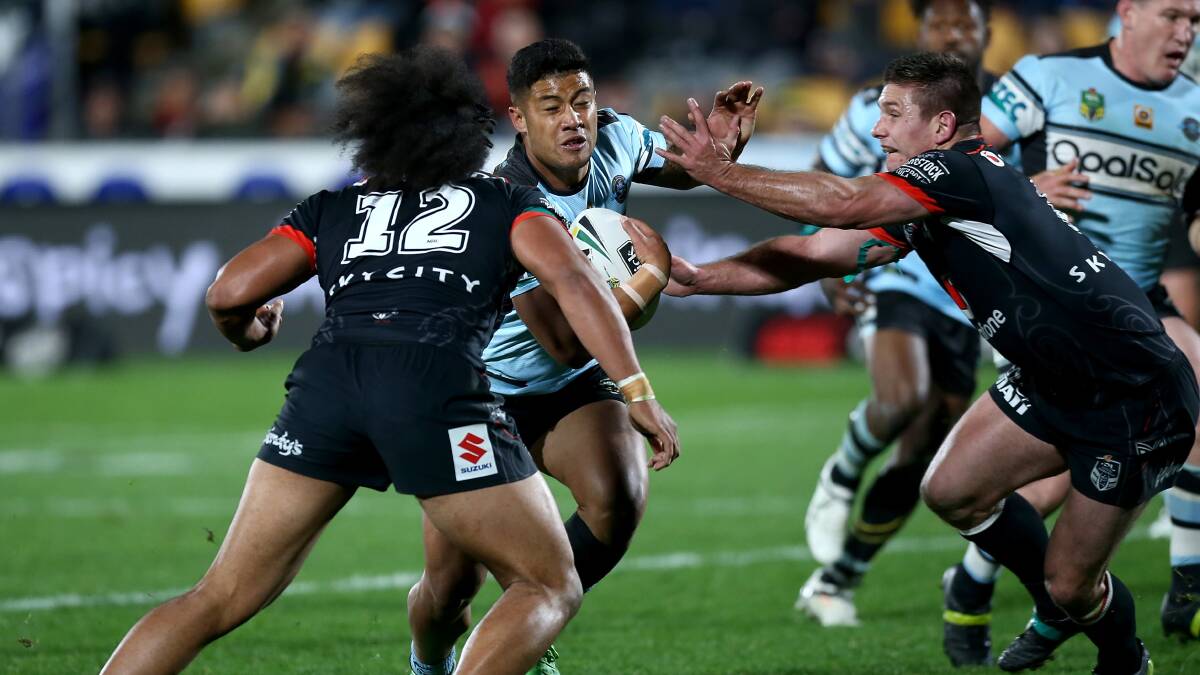 Ups and downs: Sharks' five-eighth Fa'amanu Brown scored a try but didn't finish the game after copping a nasty head knock. Picture: AAP
