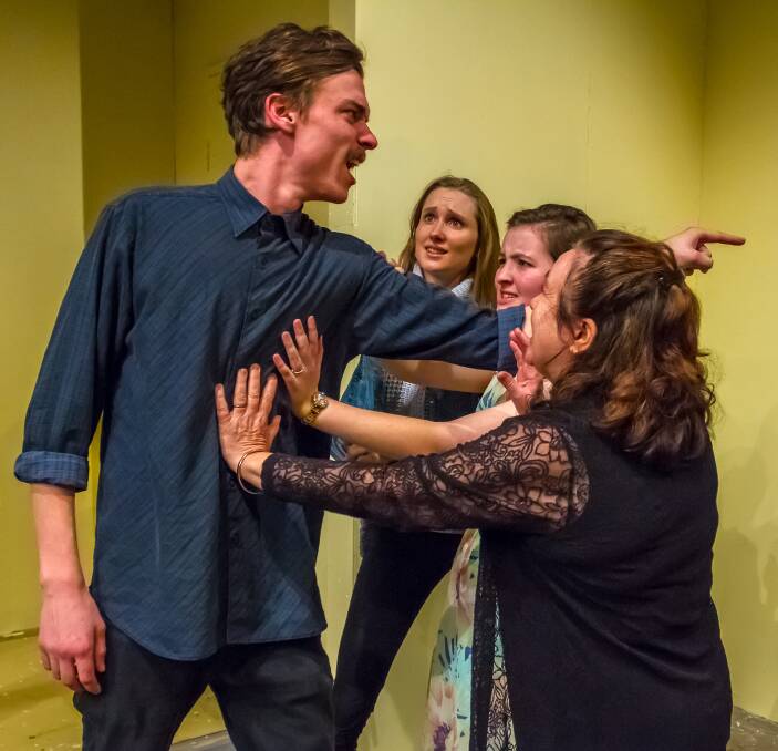 Rage: Caringbah's Daniel Cawthorne as Michael unleashes his wrath on his oppressive dad while being held back by Caitlin Gleeson, Eloise Tanti and Anne McMaster. Picture: Supplied