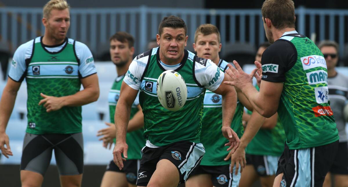 Leading the way: Chris Heighington at training with his Cronulla Sharks teammates. Picture: John Veage
