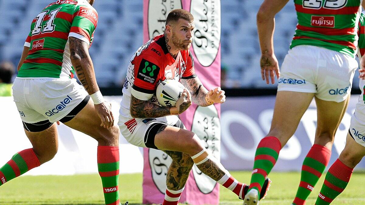 Josh Dugan runs the ball back for St George Illawarra against South Sydney in the Charity Shield. Picture: NRL Photos