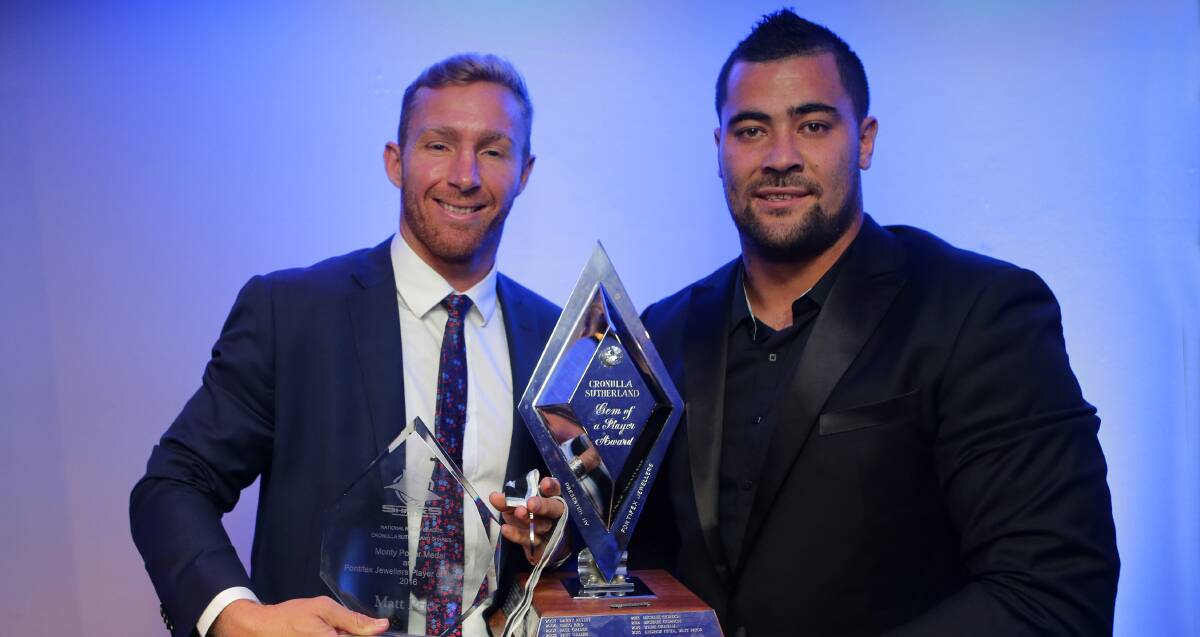 Twin towers: Cronulla Sharks props Matt Prior (left) and Andrew Fifita were joint winners of the Monty Porter Medal. Picture: John Veage