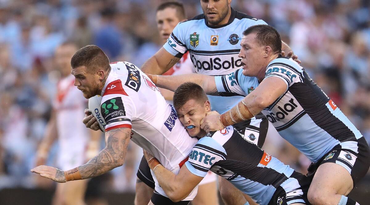 Come here: Dragons fullback Josh Dugan is being chased by local rivals Cronulla. Picture: Mark Kolbe/Getty Images