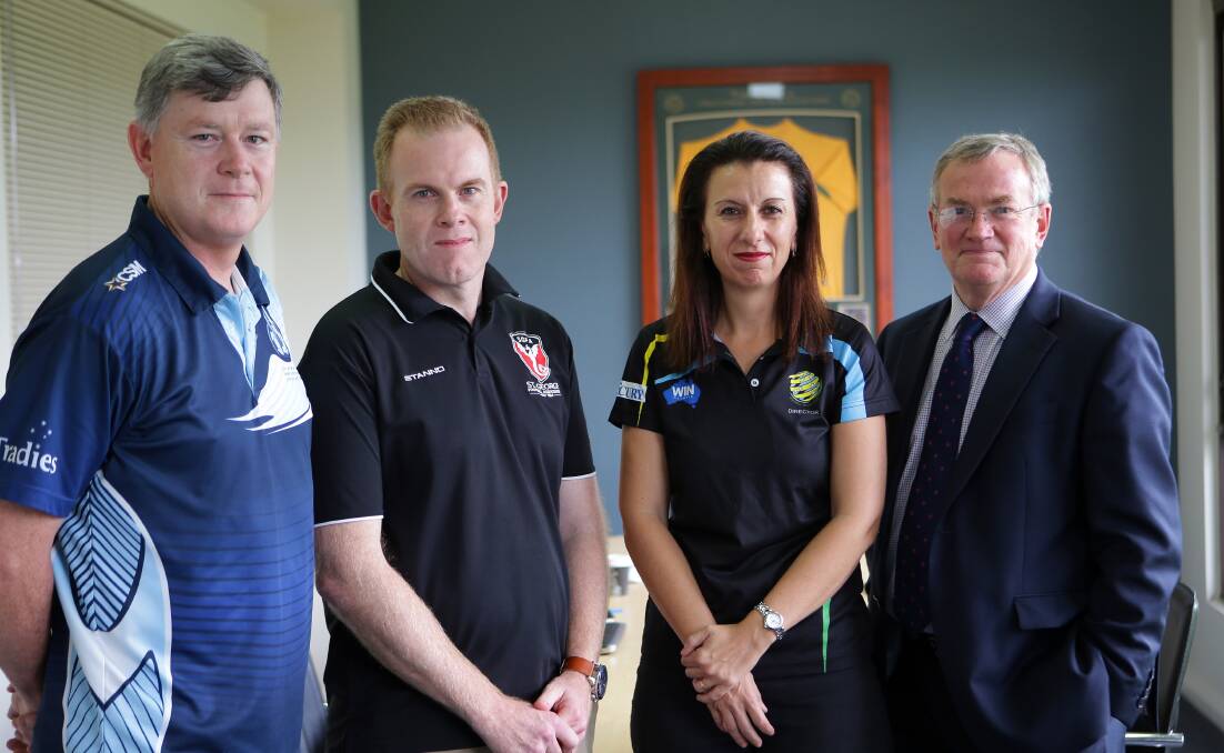 Together: (From left) Sutherland Shire FA general manager Jeff Stewart, St George FA general manager Craig Kiely, Football South Coast CEO Ann-Marie Balliana and Southern Expansion CEO Chris Gardiner at the first meeting of the advisory committee in March last year. Picture: John Veage