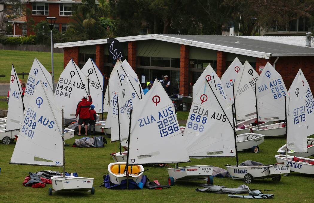 Grounded: Boats preparing for the NSW International Optimist Dinghy Association Traveller's Trophy event at Connells Point on Sunday. Picture: John Veage