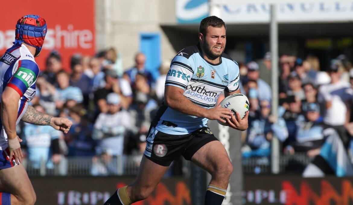 Focused: Sharks back-rower Wade Graham playing the Knights last season. Picture: John Veage