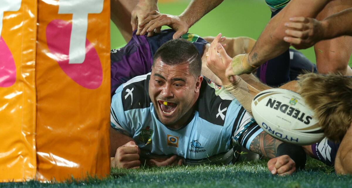 This is it: Cronulla Sharks prop Andrew Fifita scores the winning try in the 2016 NRL grand final. Picture: John Veage
