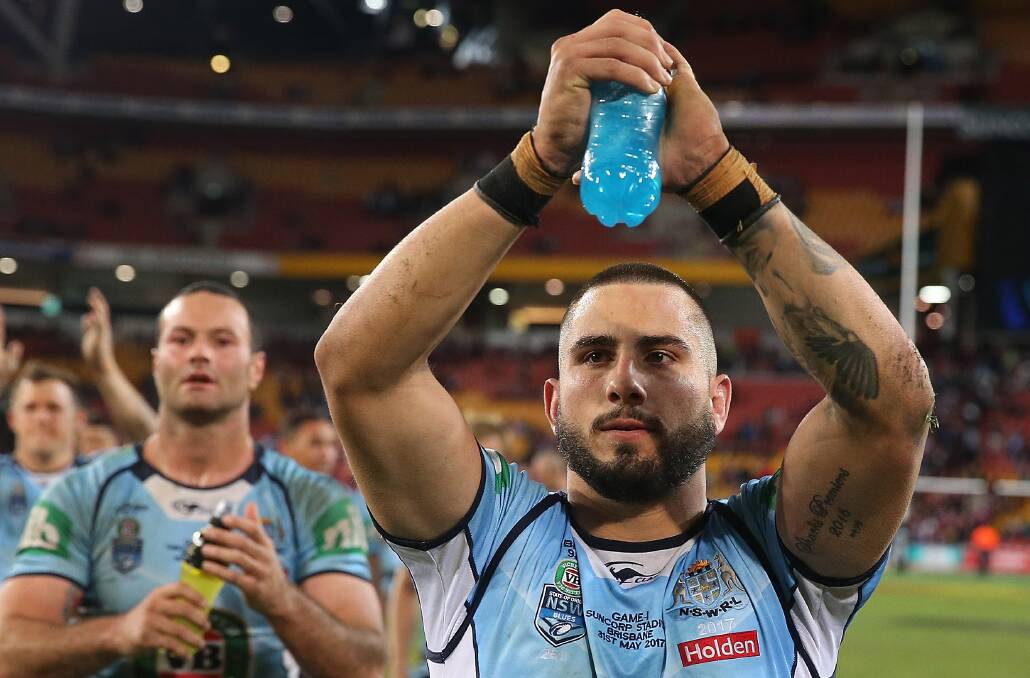 Jack Bird celebrates with his NSW teammates after Origin I. Picture: Getty Images