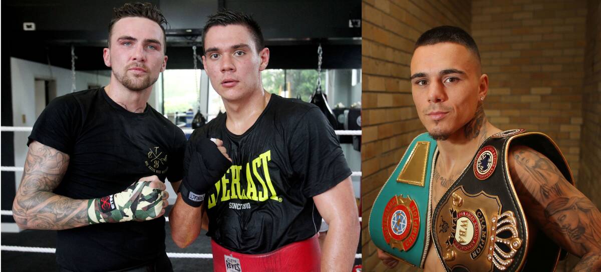 Three of a kind: (Left) Cronulla's Jack Brubaker and Rockdale's Tim Tszyu after sparring. (Right) Sylvania fighter George Kambosos Junior at Rockdale PCYC. Pictures: Chris Lane/John Veage