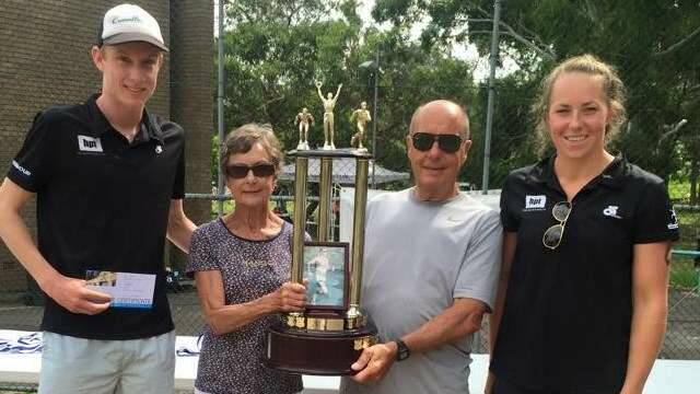 Past winners: 2015 Richie Walker Aquathlon winners Nathan Breen and Emma Jeffcoat with Walker's parents Elizabeth and David. Picture: Cronulla Triathlon Club