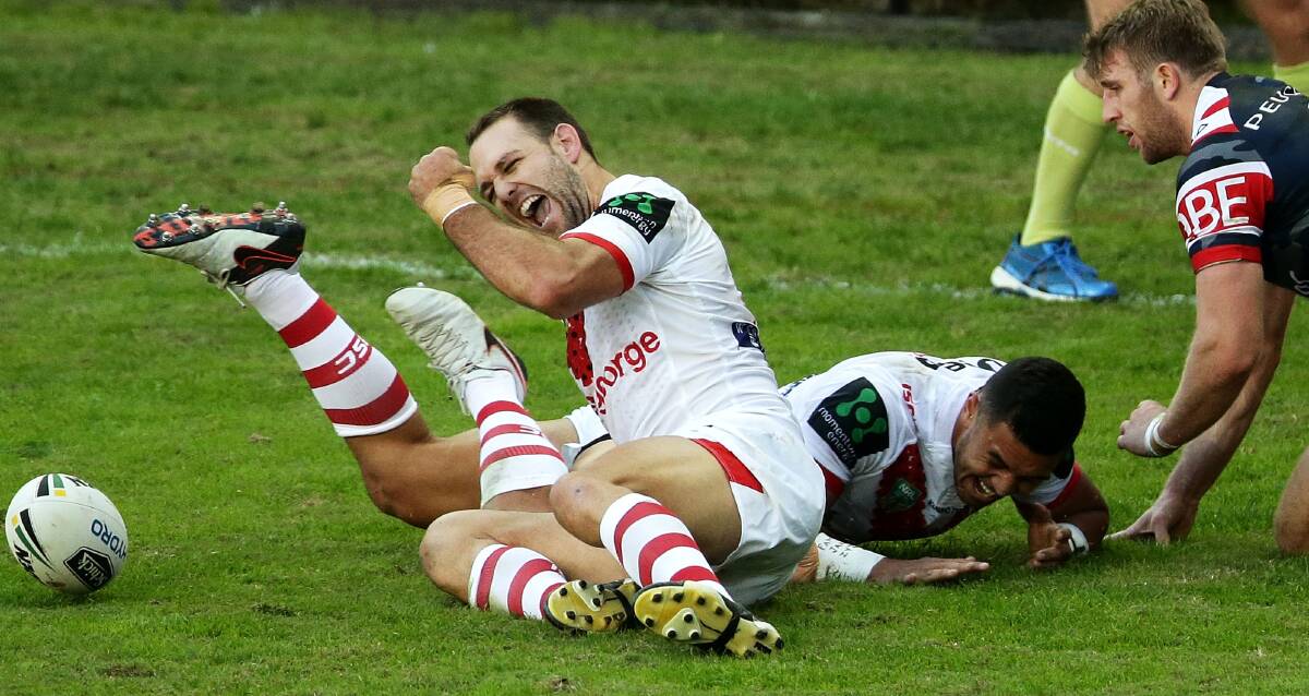 Try time: St George Illawarra winger Jason Nightingale celebrates his try against the Sydney Roosters. The Kiwi international was strong in attack. Picture: Getty Images