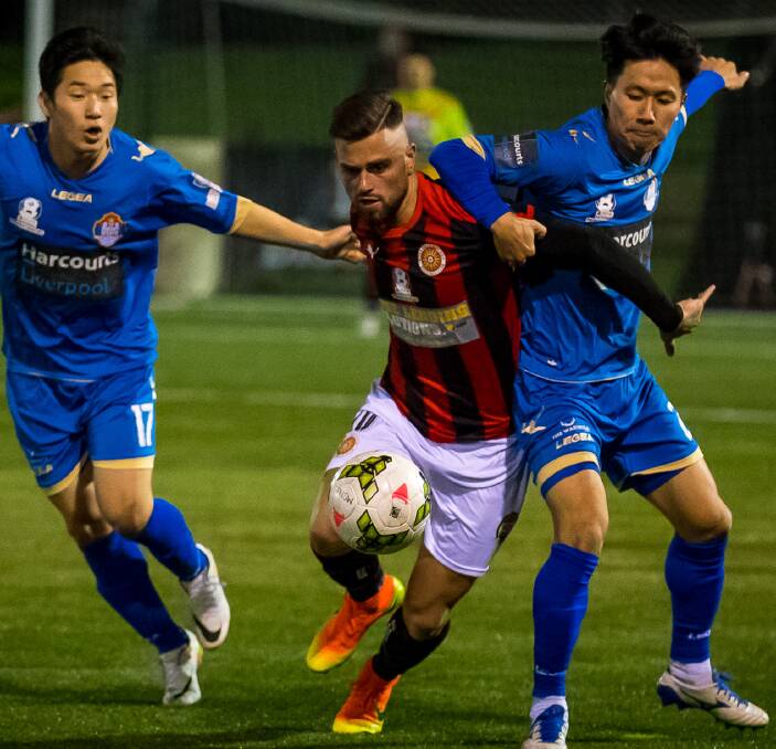 Fighter: Rockdale City attacking midfielder Peter Makrillos battles for the ball against Bonnyrigg in their elimination semi-final on Saturday night. Picture: George Loupis/Football NSW