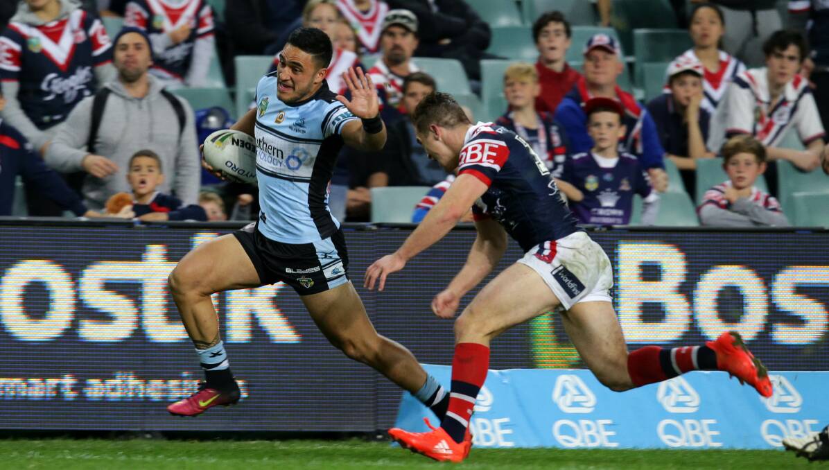 Flying high: Cronulla Sharks winger Valentine Holmes has one eye on the club's all-time try scoring record this season. Picture: John Veage