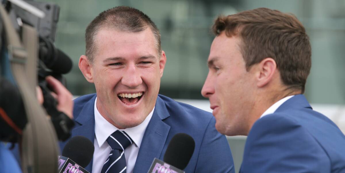 Happy days: Cronulla stars Paul Gallen (left) and James Maloney will play for NSW against Queensland in Sydney. The first game of the State of Origin series is next Wednesday night. Picture: John Veage
