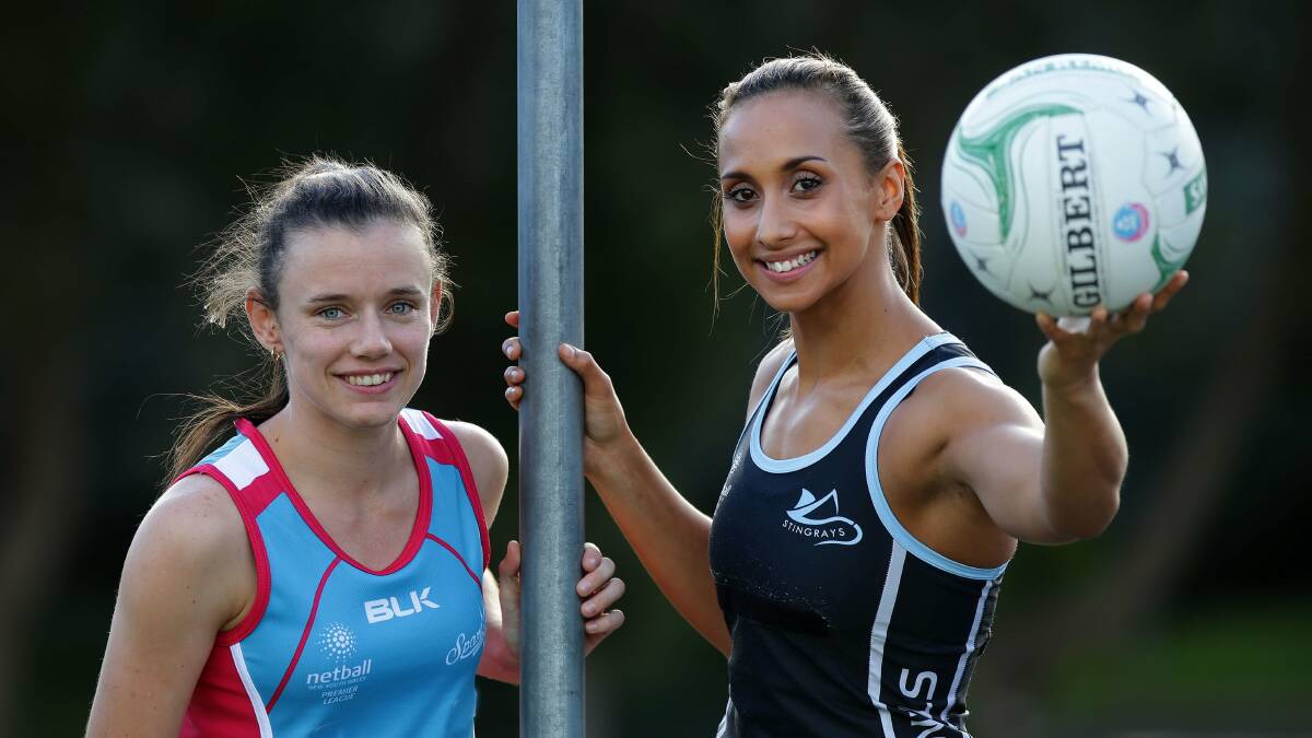 Rivals: UTS St George Sparks player Belynda Loveday (left) and Sutherland Stingrays player Cassie Staples. Picture: John Veage