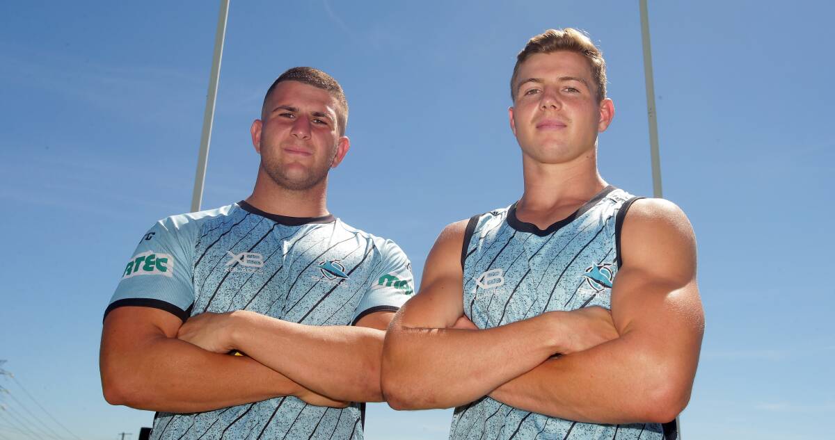 Next generation: Billy Magoulias (left) and Blayke Brailey will play for Cronulla in their first trial match of the season on Saturday night. Picture: Chris Lane