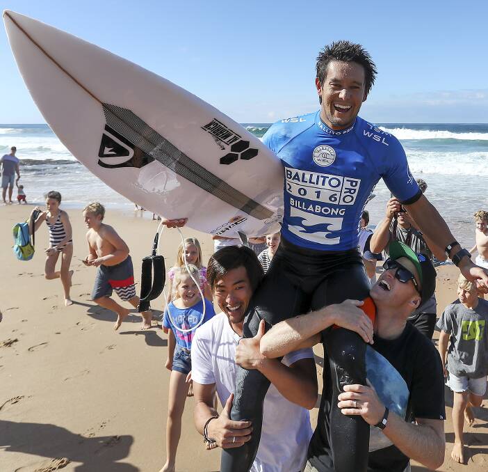 Flying the flag: Cronulla's Connor O'Leary, being chaired off after his Ballito Pro victory in July, will hope for more days like these this year when he makes his debut on the Championship Tour. Picture: Kelly Cestari/WSL