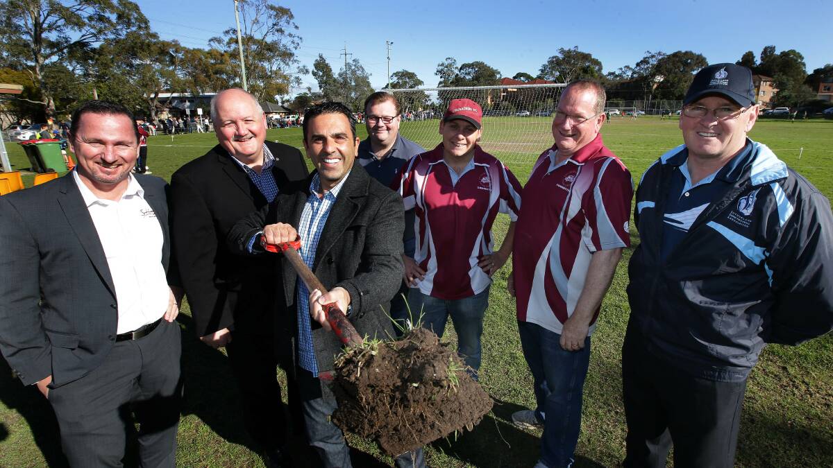 Happy days: (From left to right) Roger Hope from Sutherland Nissan, Member for Heathcote Lee Evans, Sutherland Shire mayor Carmelo Pesce, Engadine Crusaders president Mitch Pratt, Liberal candidate Michael Medway, former Engadine president Jim Hankins and Sutherland Shire Football Association president Wayne Schweickle. Picture: John Veage